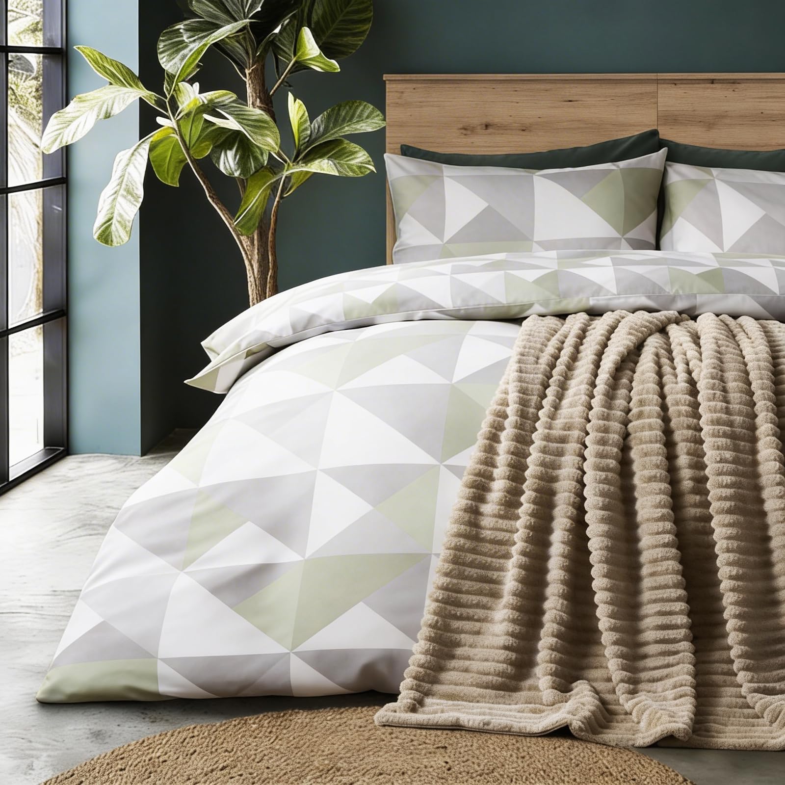 Ohs Sage Geometric King Size Duvet Cover Sets, Super Soft Cosy Warm Microfibre Polyester Reversible King Size Bedding Stylish Comfy Duvet Cover Sets With Matching Pillowcases,