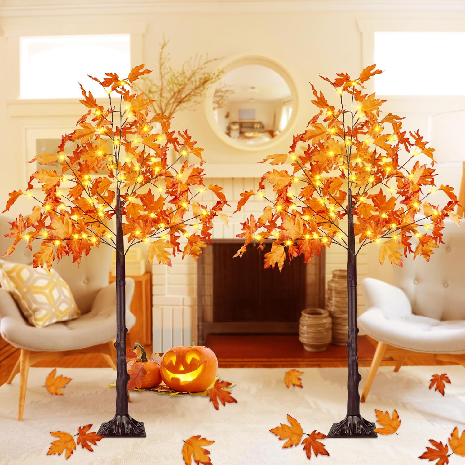 2Pack 4FT 100LED Artificial Lighted Maple Tree, Fall Decor for Home, Maple Tree with Timer Function Prelit Fall Decorations Warm White Light for Indoor Outdoor Autumn Harvest Halloween Thanksgiving MapleTree 2Pack 4FT