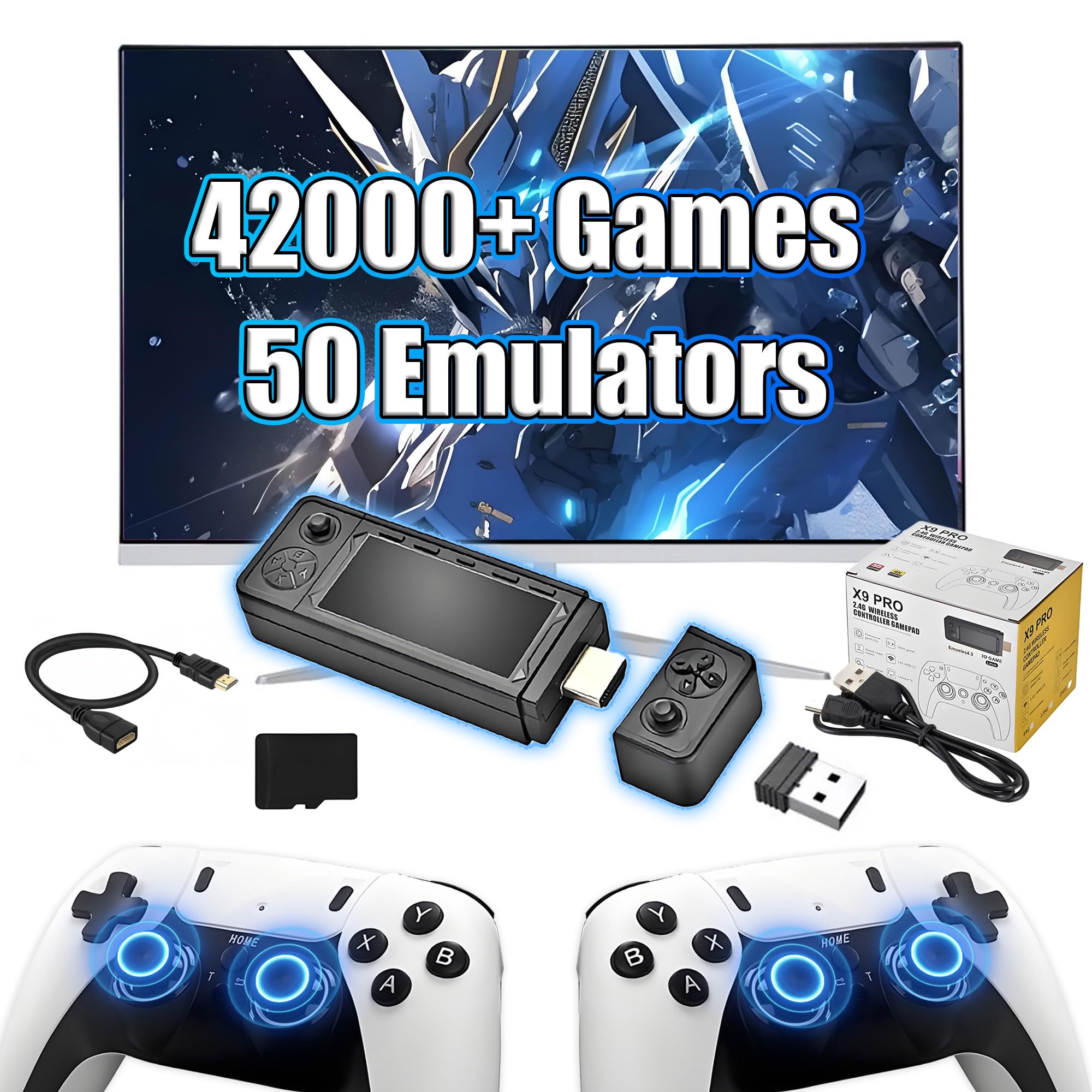 X9 Pro Retro Game Stick 4K HD Retro Gaming Console,42000+ Games 50 Emulators,Emuelec 4.3 System,Search Games,Retro Gaming Stick with 2.4G Wireless Controllers,Plug and Play Video Games for TV (128G)
