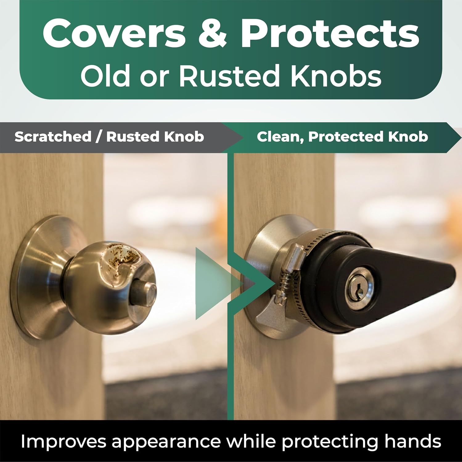 2 Pack Door Knob Grip & Lever Extension with Clamps – Non-Slip Rubber Door Knob Cover Converts Round Knobs to Handles – Arthritis & Elderly Assistive Aid – Fits Most 2”–2.5” Doorknobs