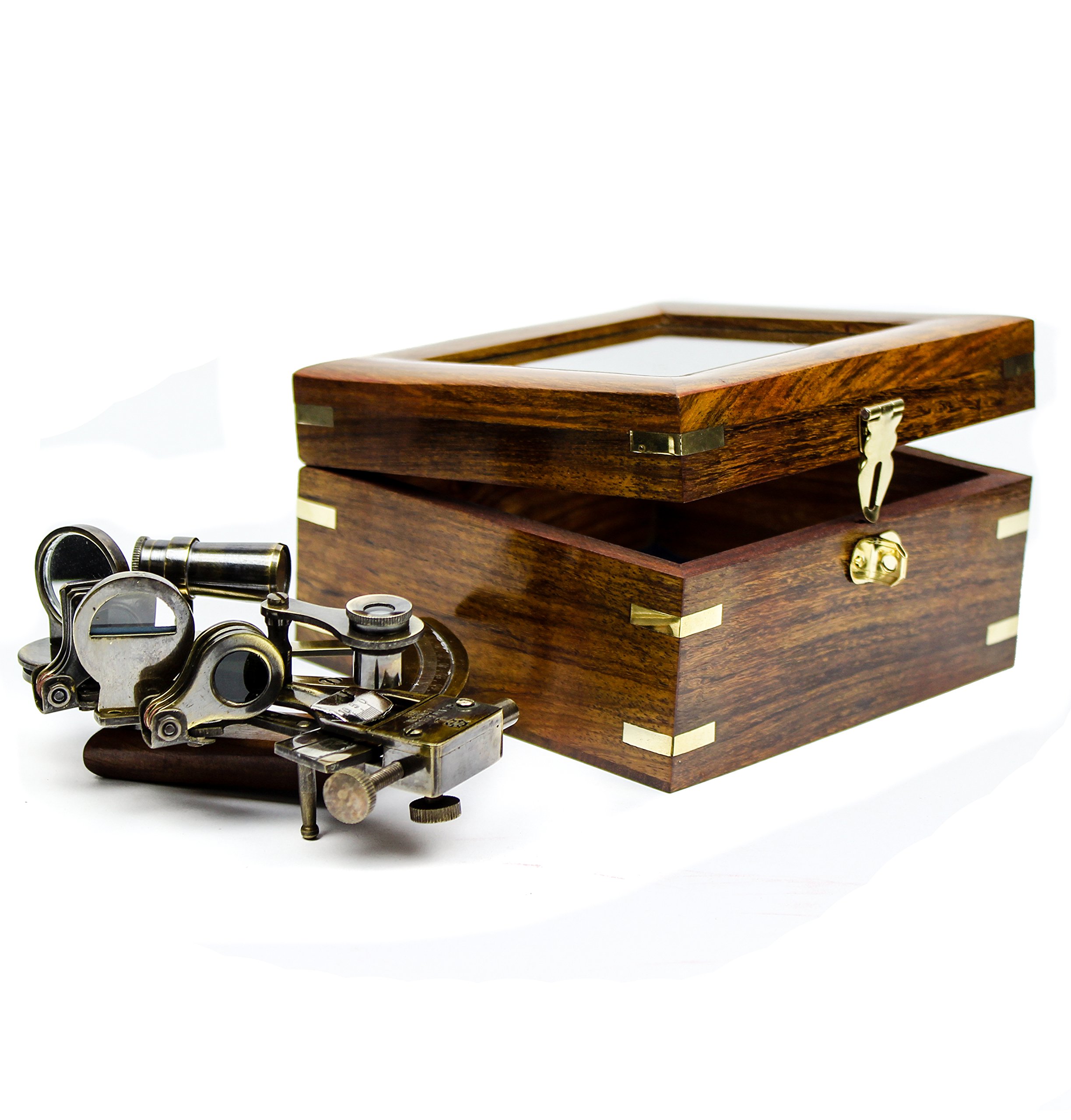 White Starline 5" Premium Nautical Brass Sextant with Deluxe Rosewood Crafted Glass Case | Wooden Box | Maritime Reproduced Collectibles | Children's Gift | Nagina International (Antique)