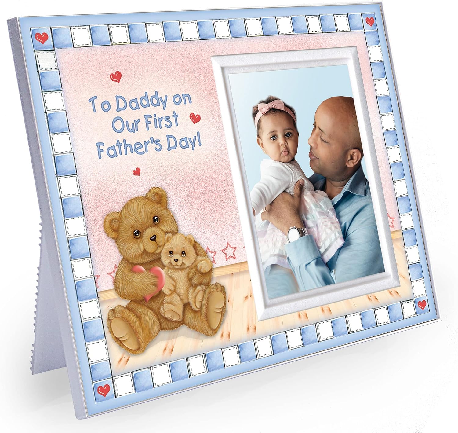 Fathers Day Picture Frame | "To Daddy on Our First Fathers Day" | Special for First-Time Dads | Sized for Dad's Desk 8.25 x 5 in | Holds 3.5 x 5 Photo | Cute Picture Frame Bear-Hearts Design