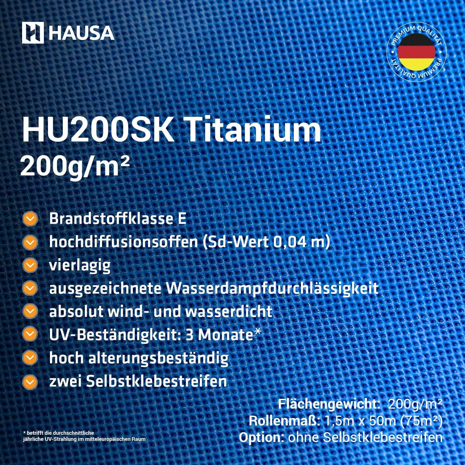 HAUSA Titanium HU200 Membrane de sous-toiture 200g/m² 225m² 3x(1,5mx50m) hautement perméable imperméable résistante aux intempéries au vieillissement indéchirable, avec 2 bandes autocollantes