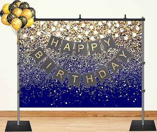 Miniatura 9 de Alltten Telón de fondo de fotos azul y dorado de 7 x 5 pies, luces Bokeh con purpurina para sesión de fotos, cumpleaños, boda, graduación, Año