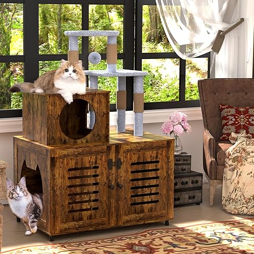 Miniatura 6 de Árbol para gatos con caja de arena, caja de arena para gatos con poste rascador y percha de felpa suave, muebles ocultos para baño para gatos con