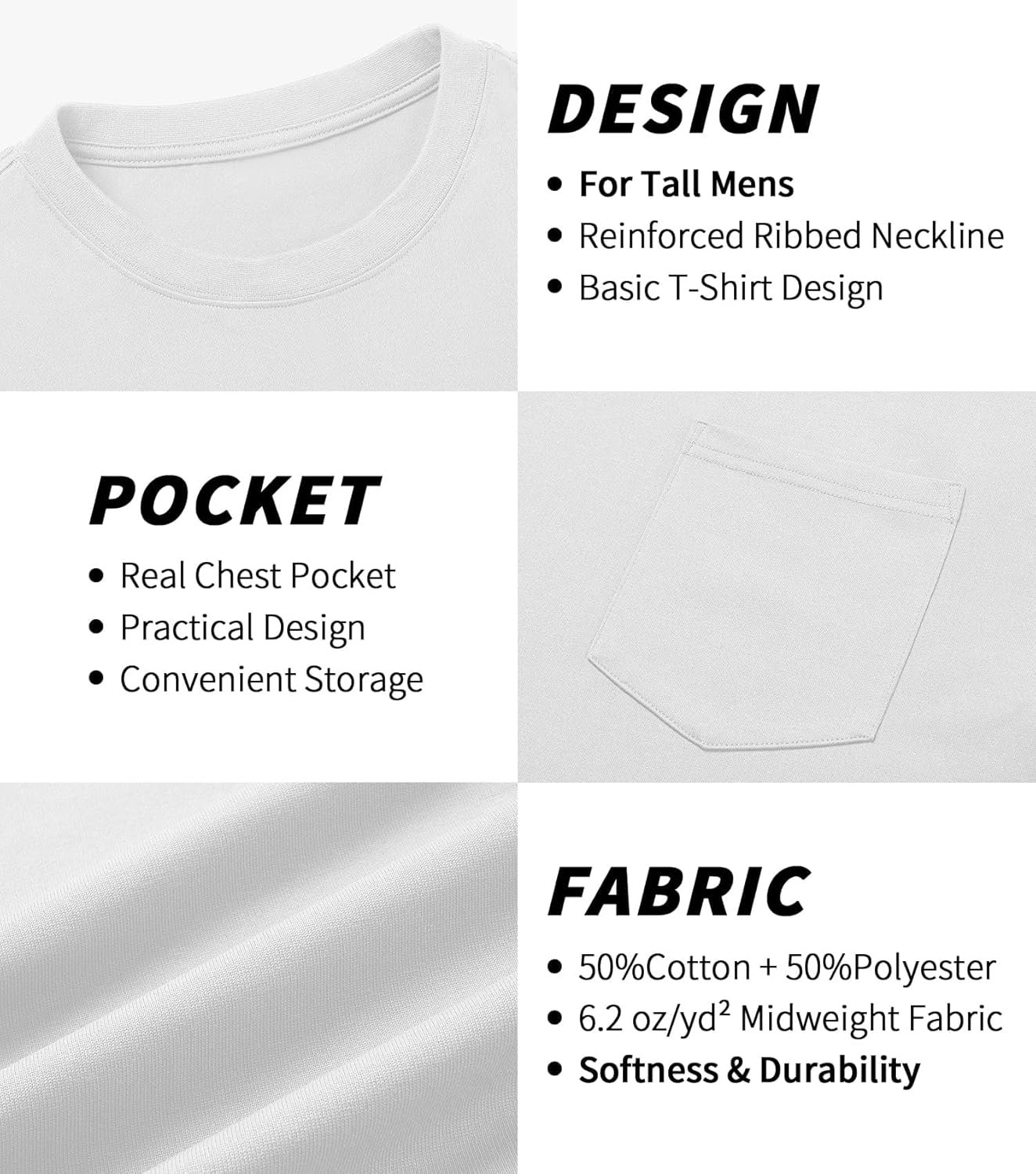 Idtswch Mens Tall Heavyweight T-Shirt Short Sleeve Shirt Chest Pocket & Reinforced Ribbed Collar Work Basic Tee - Image 3