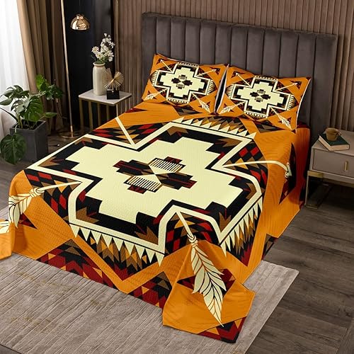 Vista 109 de Erosebridal Ethnic Tribe Feather Coverlet Set Geometric Aztec Bedspread,Western Quilted King African Tribe Arrow Retro Vintage Exotic Geometric