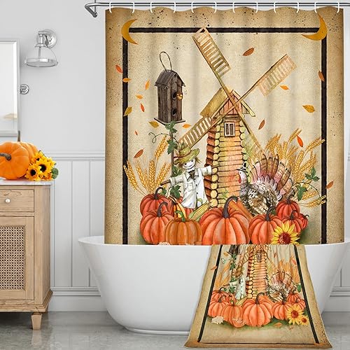 Miniatura 5 de Juego de 7 cortinas de ducha de otoño de Acción de Gracias con alfombras y toalla, incluye alfombra antideslizante, cubierta para tapa de inodoro,