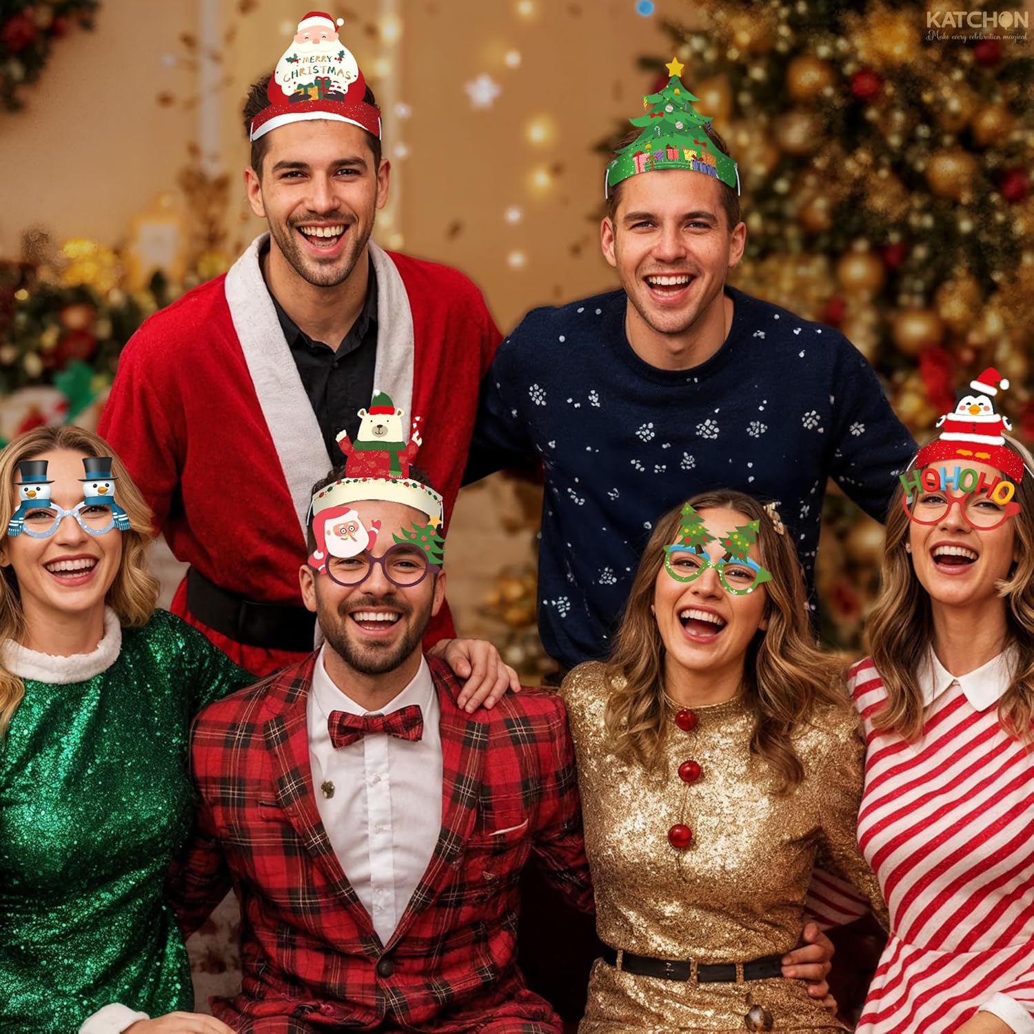 KatchOn, 12 Pcs Christmas Glasses and Hat Set | Christmas Photo Booth Props | Christmas Headbands for Women and Christmas Party Favors | Christmas Decorations Indoor