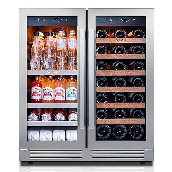 Ca'Lefort 30 Inch Wine and Beverage Refrigerator, 80 Can and 33 Bottle French Door Wine Refrigerator 36-72°F, 3 LED Wine Fridges with Glass Door, Built-in or Freestanding for Home/Kitchen (6.00 cu.ft)