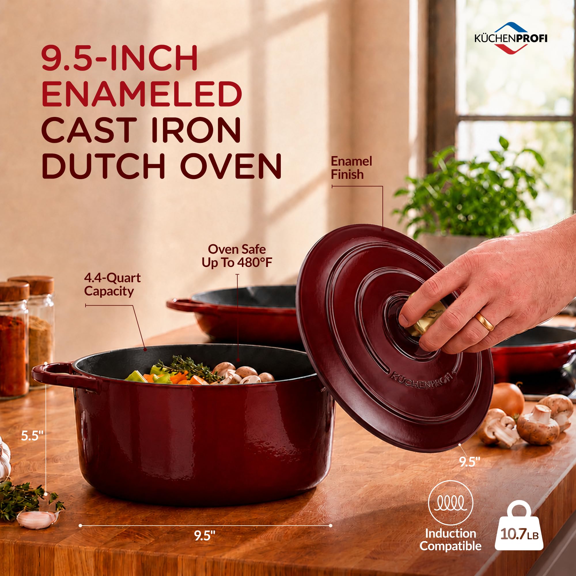 KÜCHENPROFI Gusseisen Bräter mit Deckel rund, 24 cm, emailliert, médoc | Schmortopf aus Gusseisen, für Induktion, Grillgeräte und alle Herdarten, energieeffizient, pflegeleicht