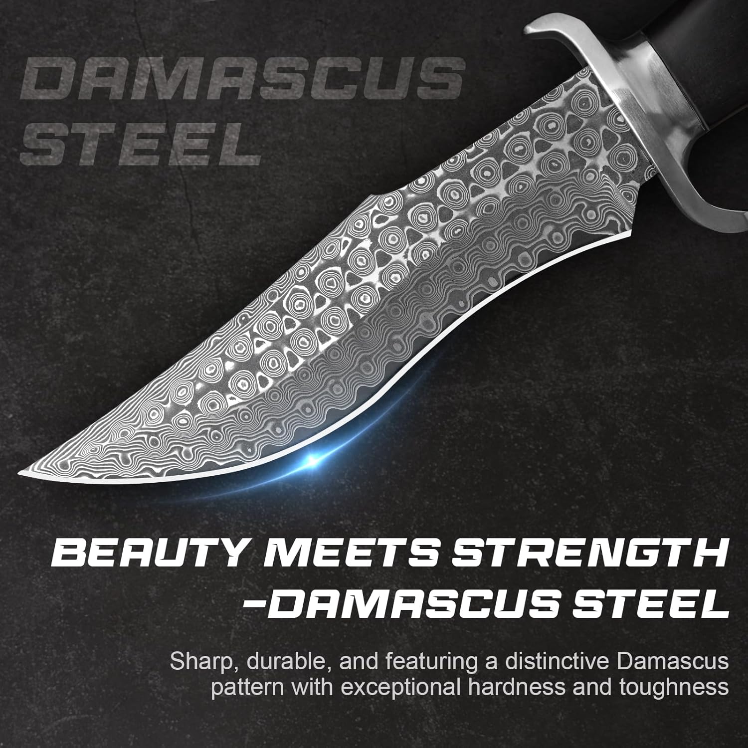 Damascus Hunting Knife P-S, 11.26" Damascus Fixed Blade Bowie Knife with Leather Sheath, Outdoor Survival Camping Hiking