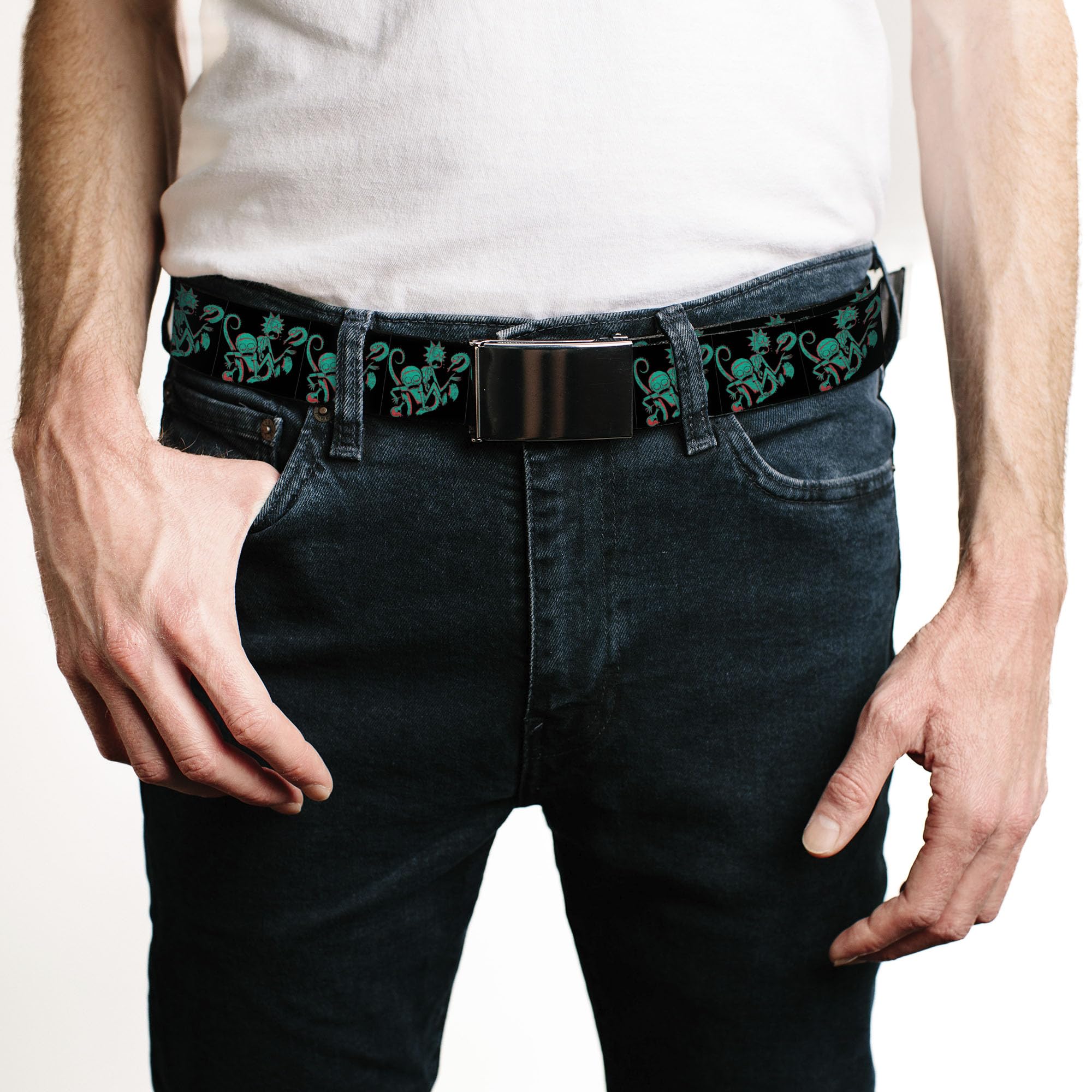 Rick and Morty Belt, Flip Web Belt Rick and Morty Psychedelic Monster Pose Black Greens, 1.5 Inch Wide, Fits up to Size 42