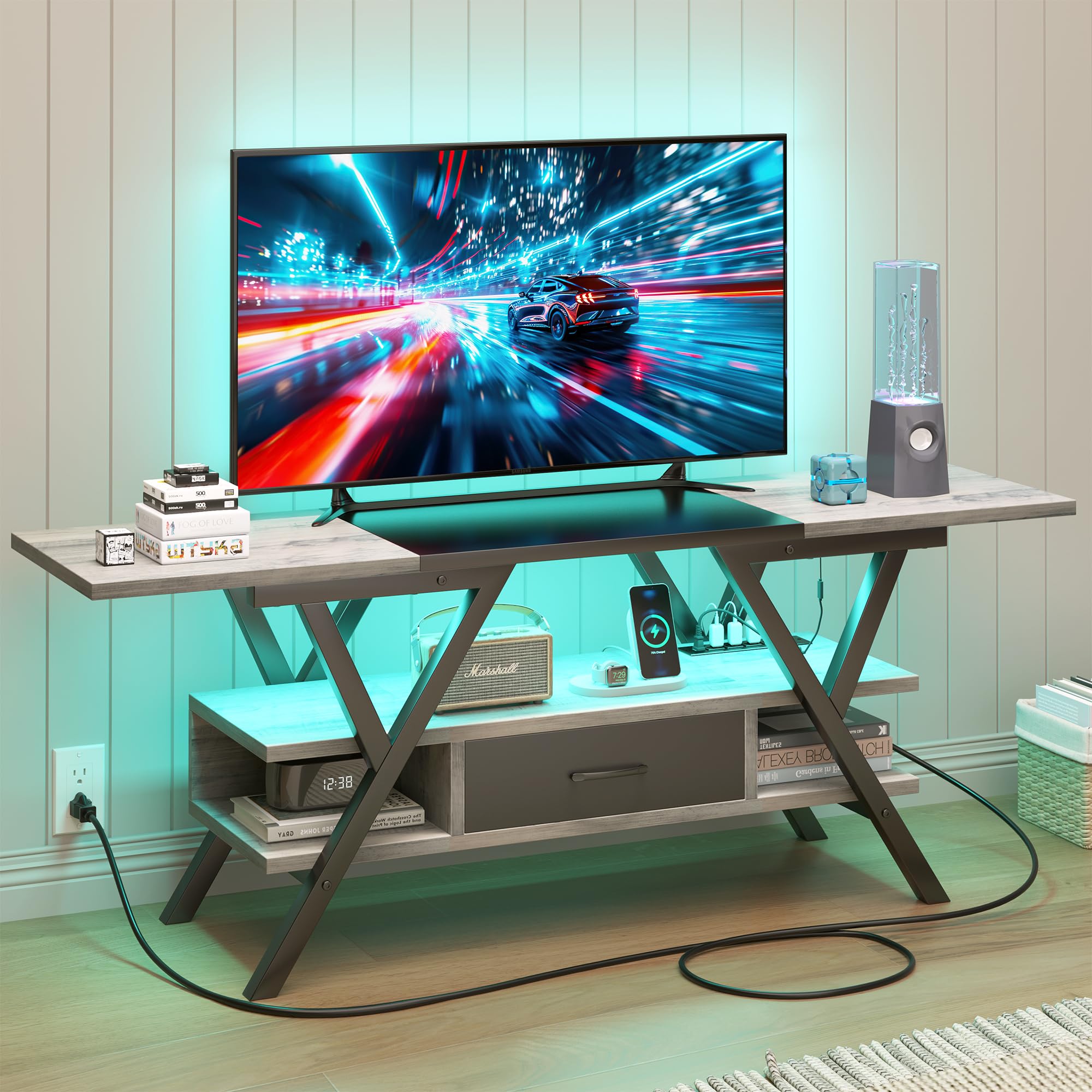 Yusong 65 inch LED TV Stand, Entertainment Center Gaming TV Table with Outlets, Up to 65" Media Console for Living Room, 29+DIY Dynamic RGB Modes, Greige and Black