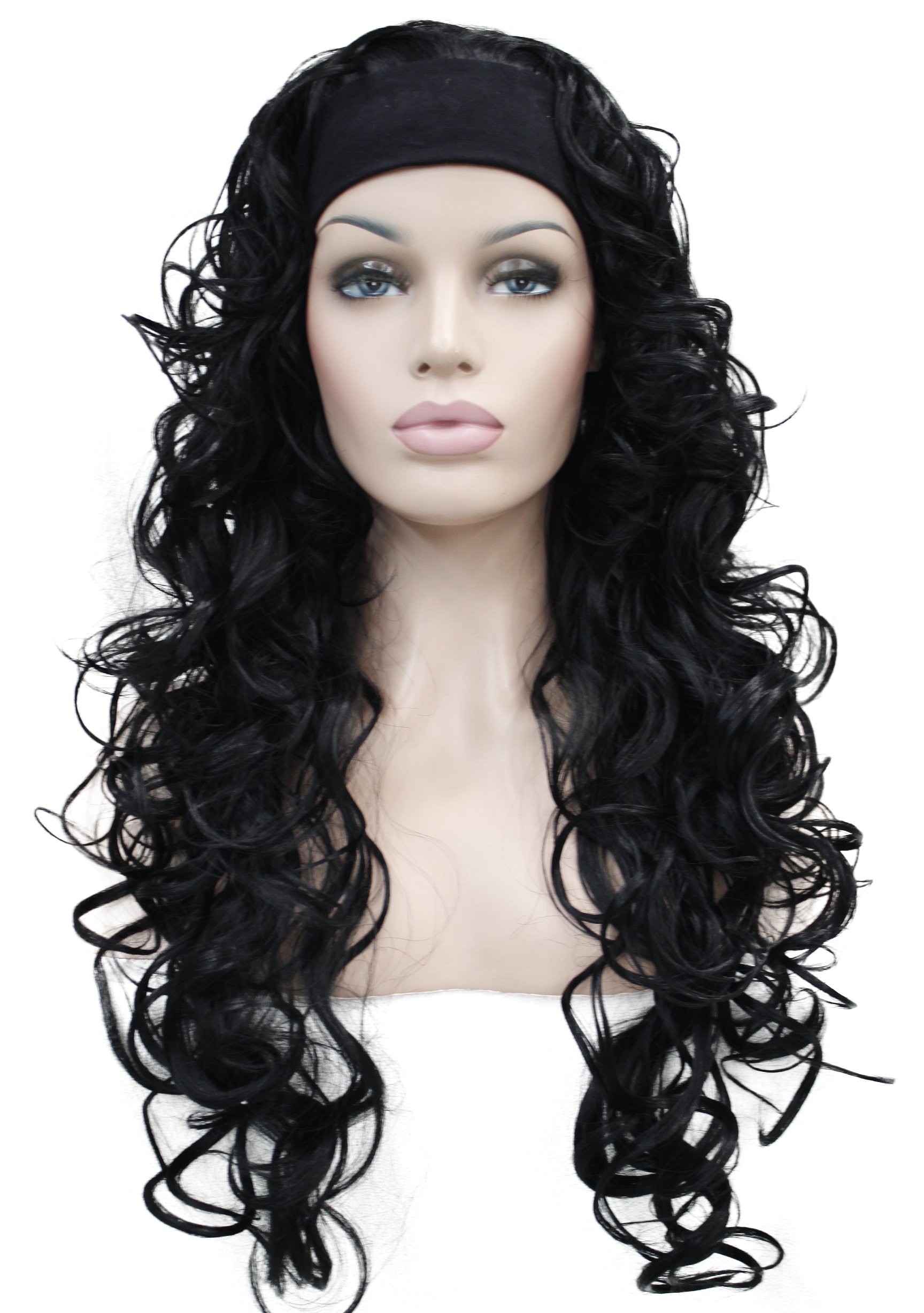 Wiginway 3/4 Band Headband wig Women's Dark Black Long Curly Wigs for Women ladies wigs