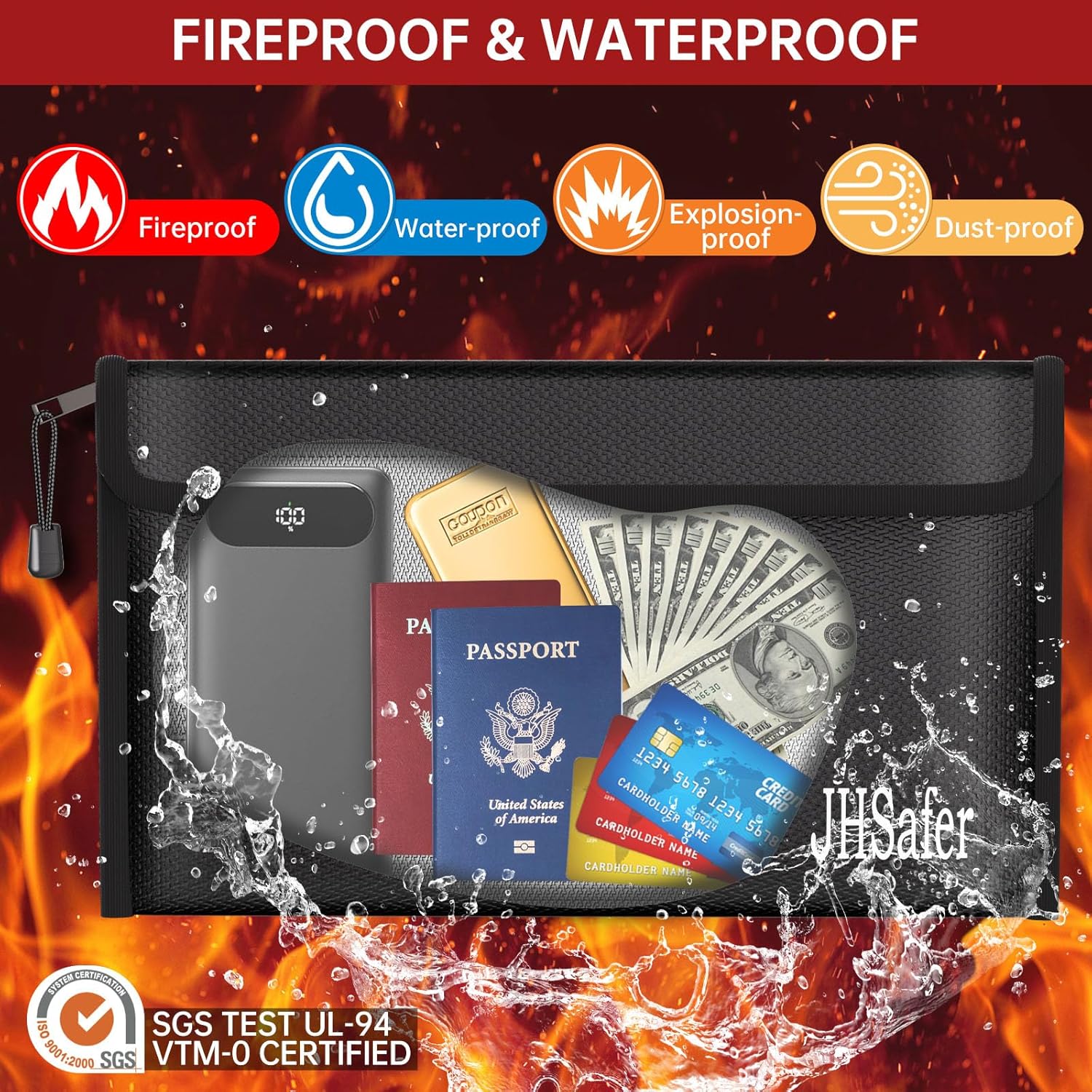 Fireproof Money Bag, Fireproof Bag with Zipper, Explosion-Proof Portable Safe Bag for Cash, Passport, Valuables, Currency & Keys, Power Bank, Phone (Black Bag, 10.6 x 6.3 inch) - Image 2