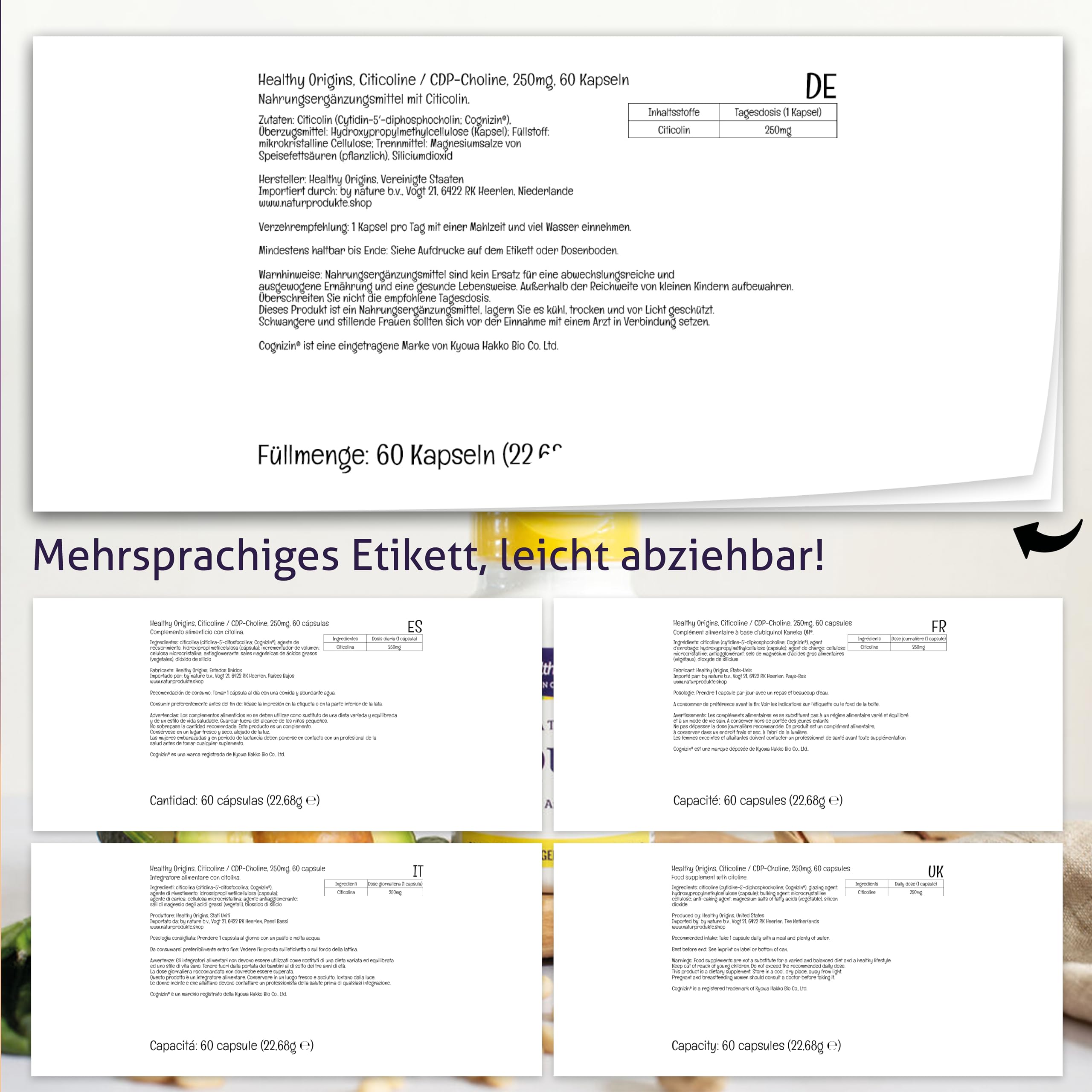 Healthy Origins, Citicoline CDP-Choline mit Cognizin, 60 vegane Kapseln, 250mg Citicolin je Dosis, Glutenfrei, Sojafrei, GMO frei, Geschmacksneutral