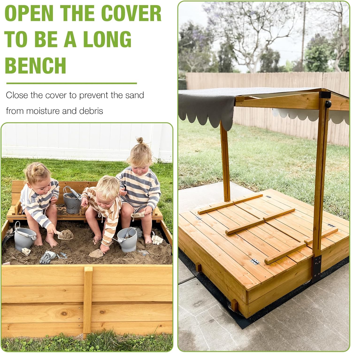 Sandbox with Lid Wooden Kids Sand Box for Backyard with Canopy and Foldable Bench Seats,UV-Resistant,Adjustable Height Roof
