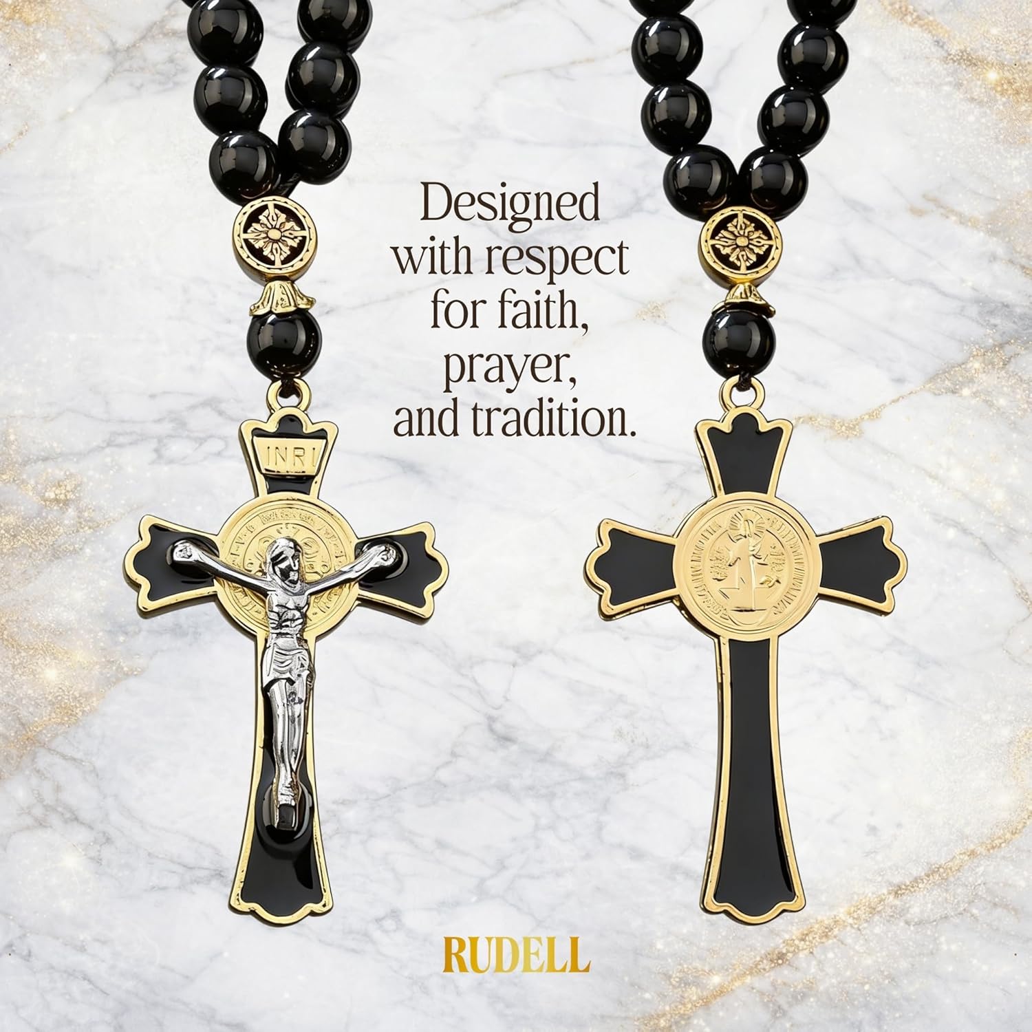 Catholic Car Rosary for Rearview Mirror, Black 40-Bead Rosary with Saint Benedict Cross, Cross for Car Mirror Hanging, Prayer Rosary for Car, Christian Gift for Catholics