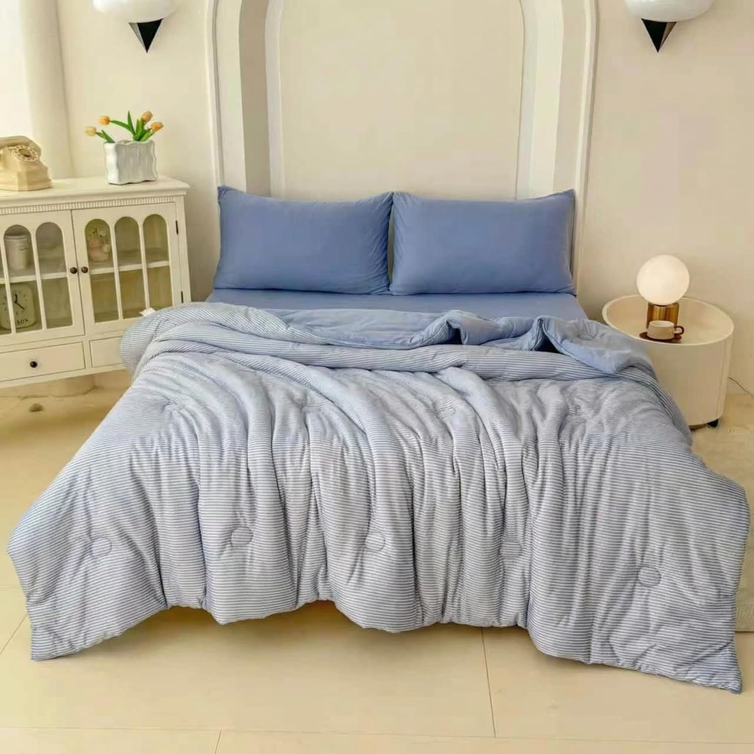 SOPHNI Knitted Cotton Comforter King Size, 100% Polyester Filling, All Season Breathable Quilt, Striped Design Bed Comforter for Restorative Sleep, Light Blue (Twin)