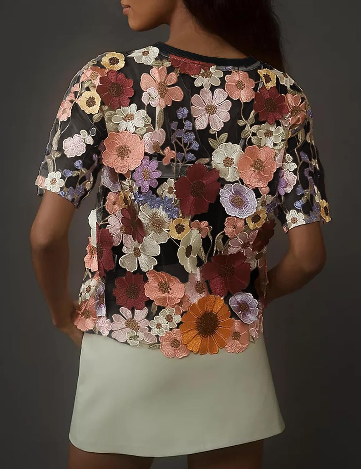 Women's Embroidered 3D Floral Blouse Short Sleeve Crew Neck Sheer Lace Tee Shirts - Image 2
