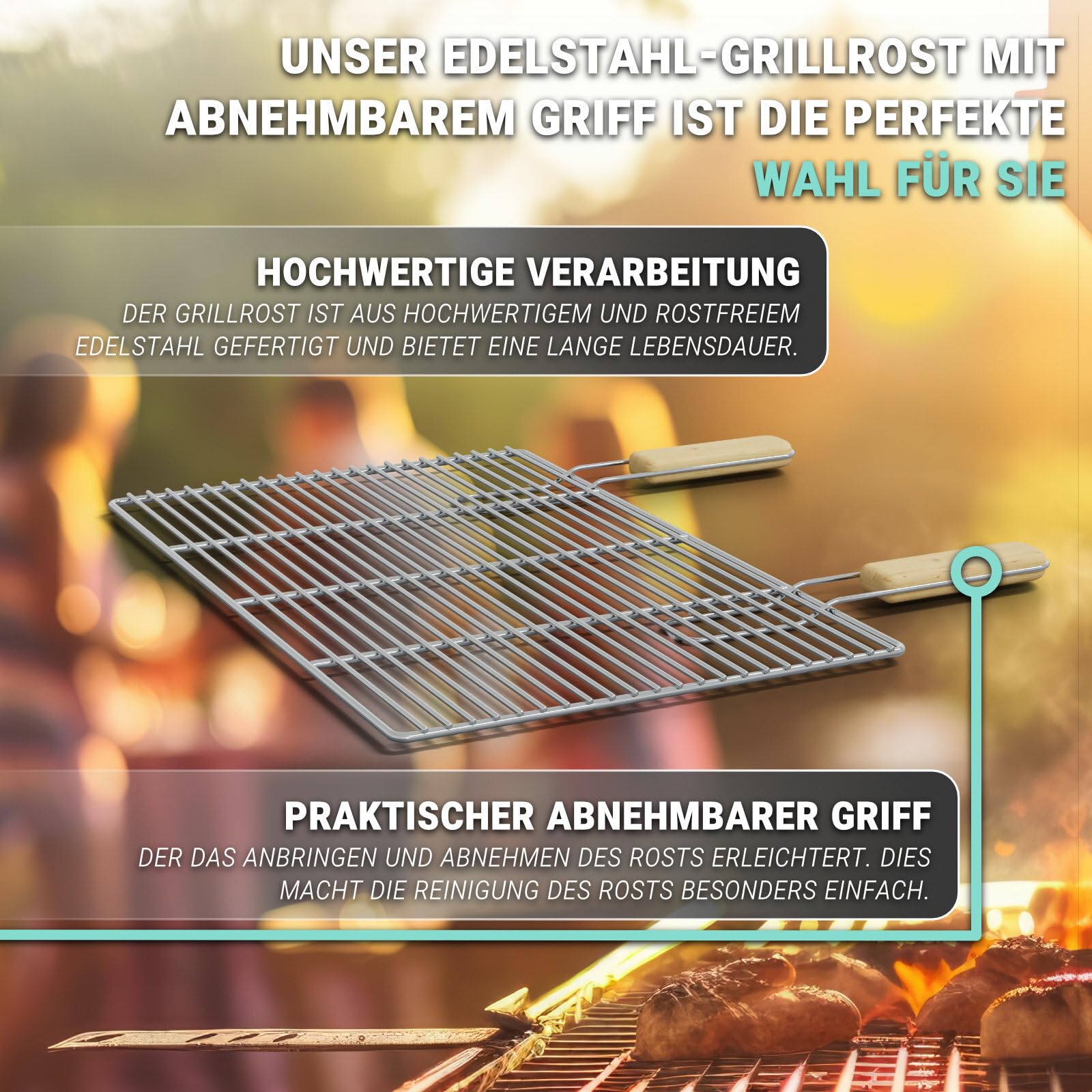 HAGO Edelstahl Grillrost | Eckig 54x34cm | Ersatzrost | Grillgitter | Grillgitter | universal | mit Griffen | Edelstahl | massiv | Gasgrill | Kohlegrill
