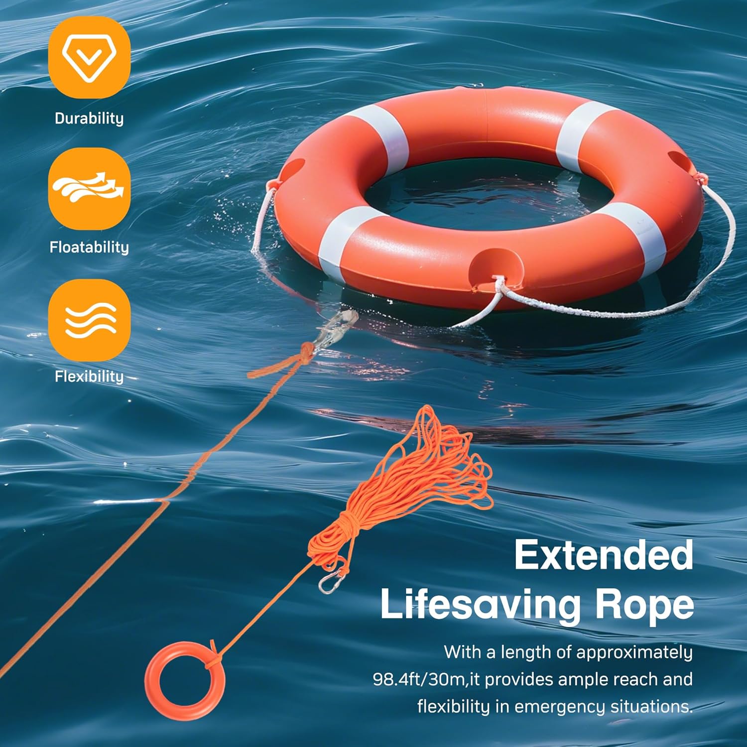 23"-28" Throwable Flotation Device, Coast Guard Style Life Preserver Ring Buoy with 98.4FT Floating Rope, Boat & Pool Safety Life Ring for Adults, Marine Lifesaving Equipment