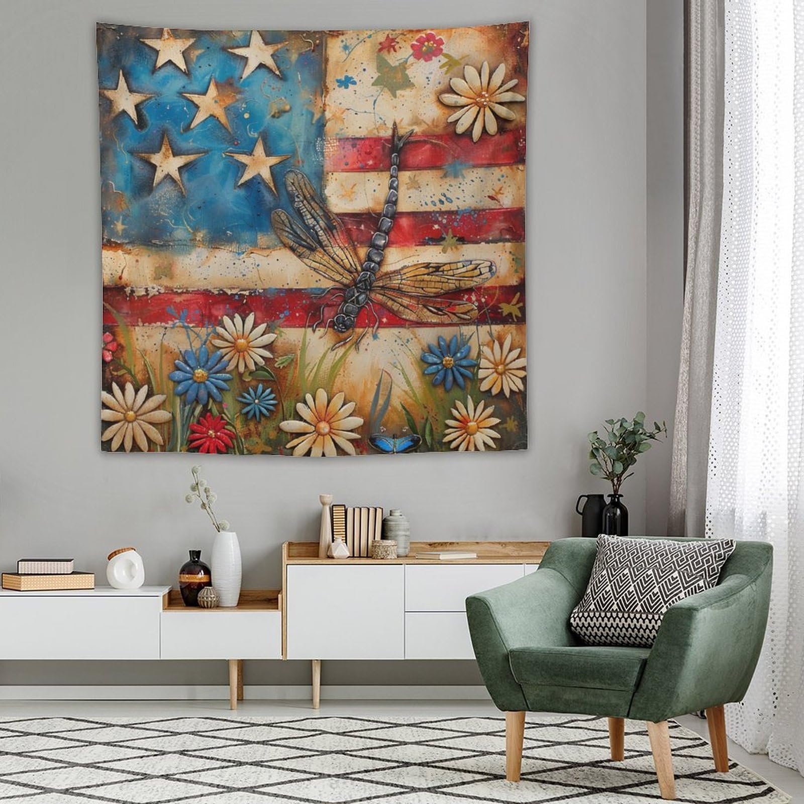 Wall Hanging Patriotic Dragonfly American Flag Tapestry - 40x60 Inch ...