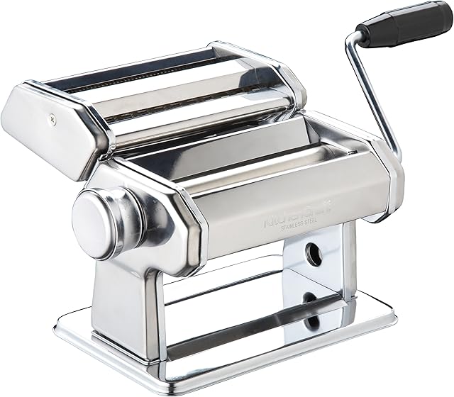 World of Flavours Pasta Maker, Manual Pasta Machine with 9 Adjustable Thickness, Italian Deluxe Double Cutter, Stainless Steel (Silver color)