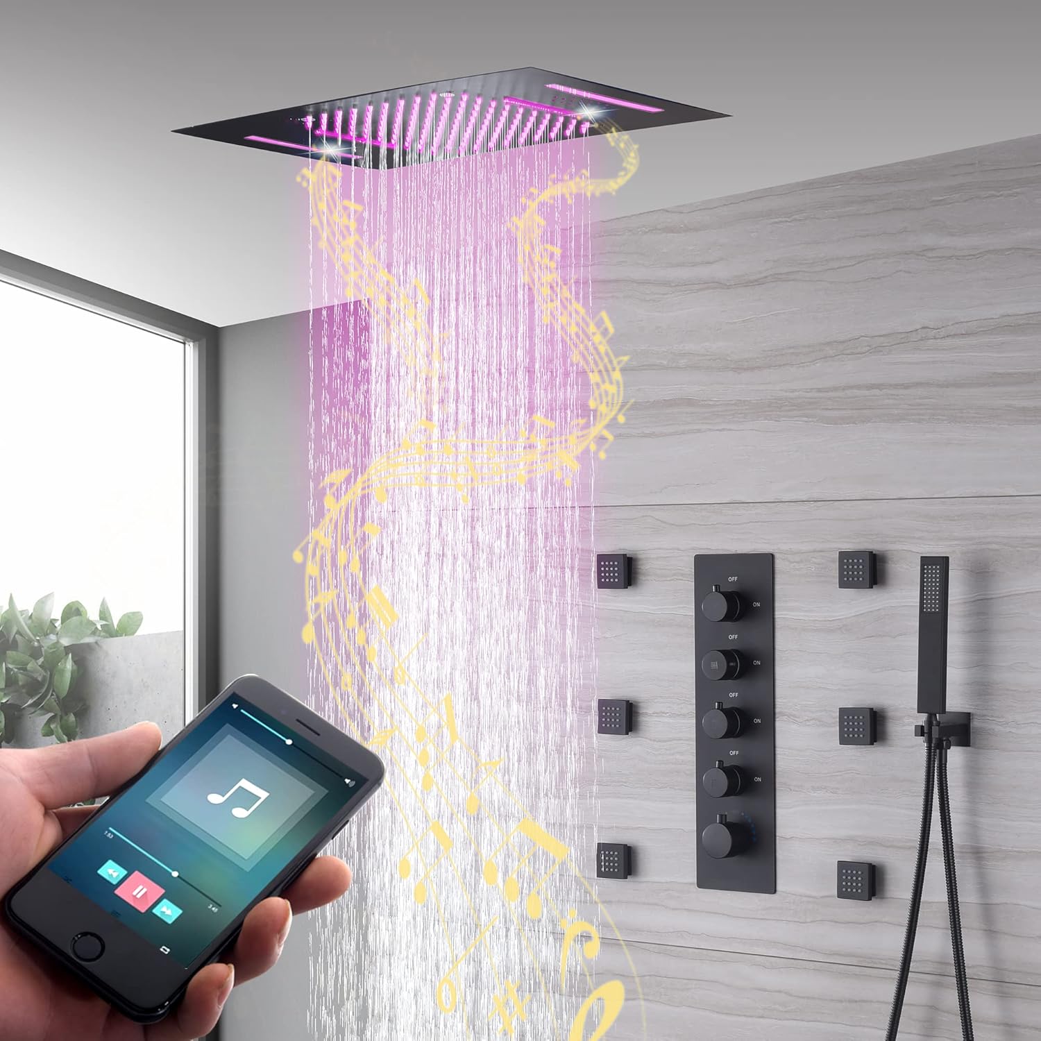 Cascada Luxury 15” x 23” LED Music shower system with built-in Bluetooth Speakers, 4 function (Rainfall, Waterfall, Body jet & Handshower) & Remote Control 64 Color Lights (Polished Gold)