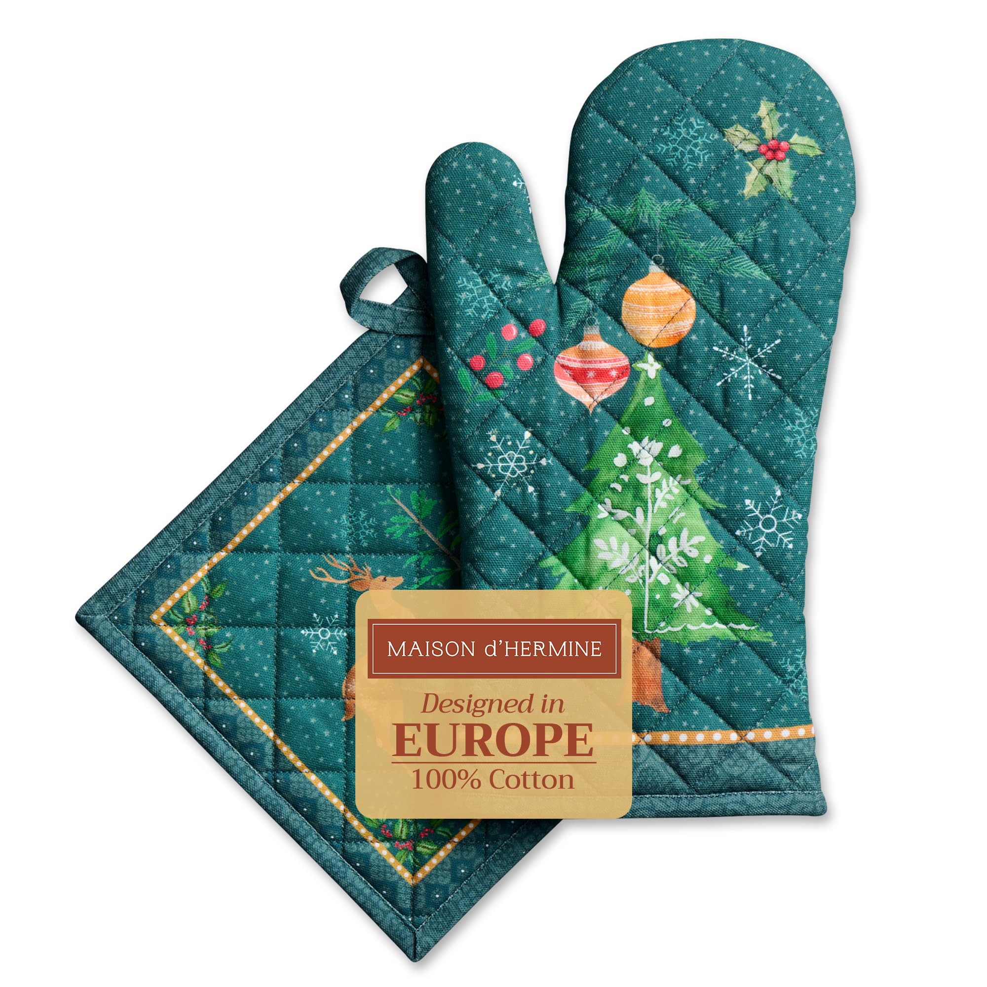 Maison d' Hermine 100% Cotton Oven Mitt & Pot Holder Set (19x33 & 20x20cm)