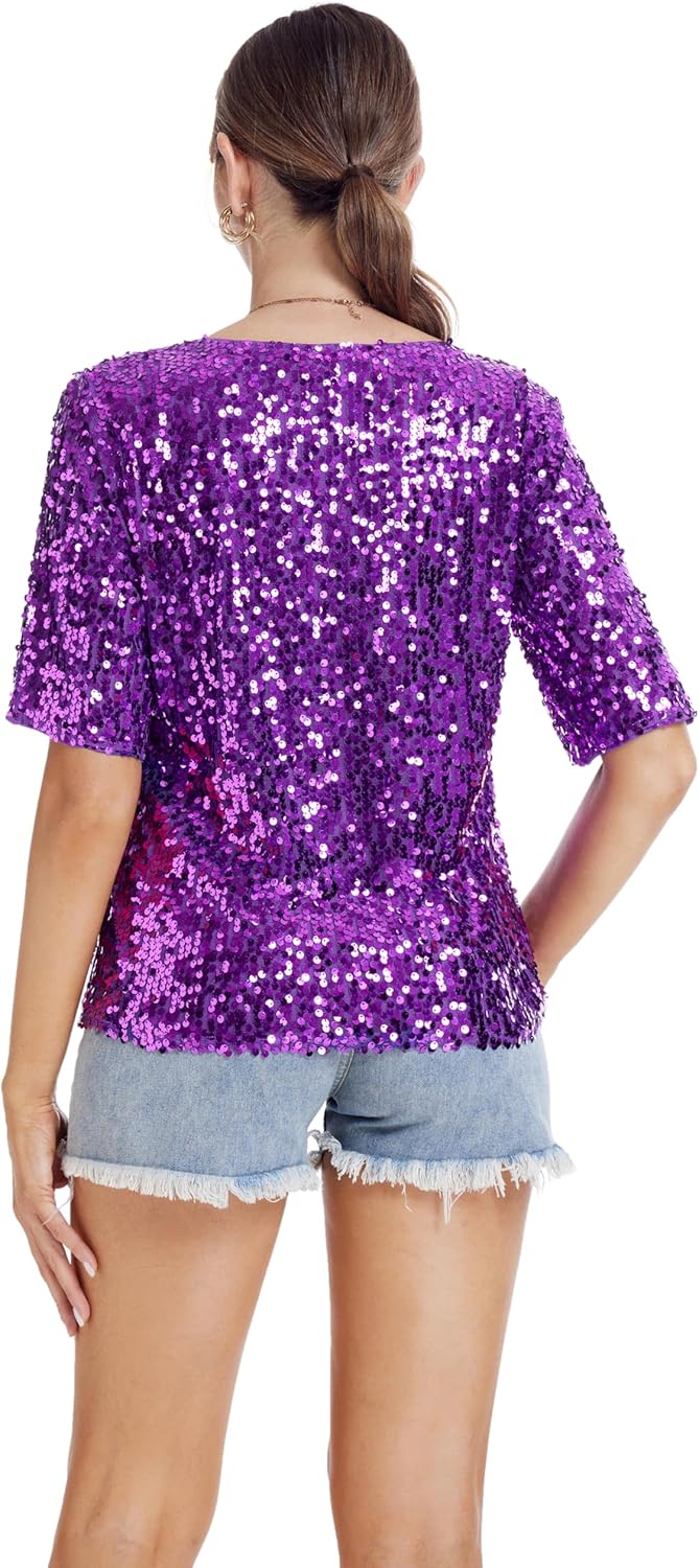 Women’s Sequin Tops Glitter V Neck Loose Summer Shirt Half Sleeve Sparkly Disco Party Plus Size Tunic Blouses - Image 6