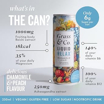 Grass & Co. Nootropics Drinks with Magnesium, Ashwagandha, Vitamin B12, Vitamin B6, Reishi Mushroom & More | Liquid Relax | Chamomile & Peach | Lightly Sparkling | Vegan | 12 x 250ml Cans