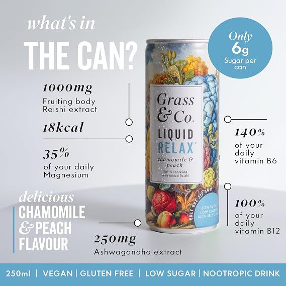 Grass & Co. Nootropics Drinks with Magnesium, Ashwagandha, Vitamin B12, Vitamin B6, Reishi Mushroom & More | Liquid Relax | Chamomile & Peach | Lightly Sparkling | Vegan | 12 x 250ml Cans