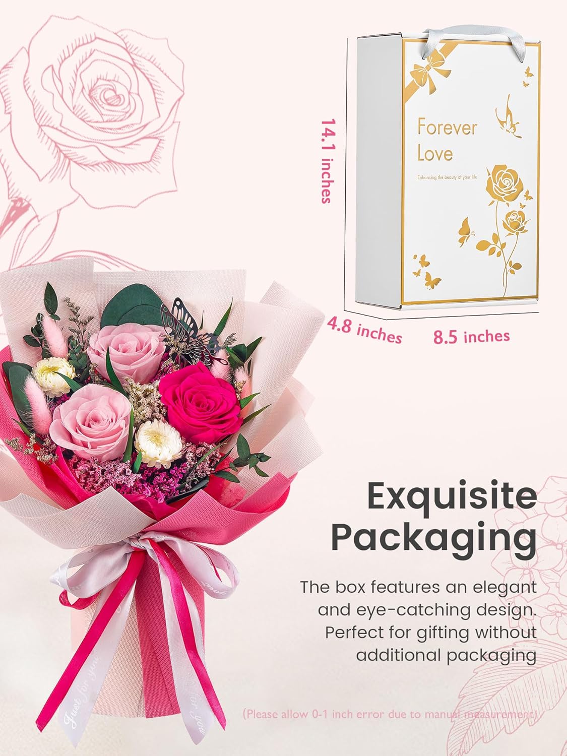 Polylove Flowers for Delivery Prime Forever Flowers Bouquet Preserved Roses Bouquet Flower Gift for Women Wife Mother Day Graduation Birthday (Hot Pink, Small) - Image 2