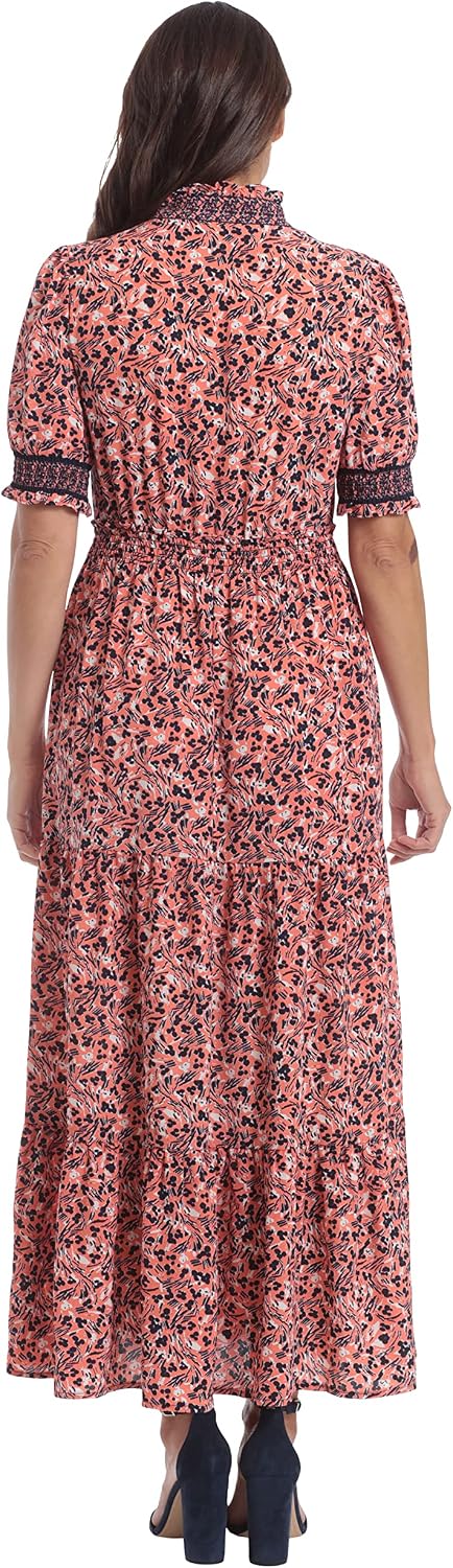 London Times Womens Stand Collar Tiered Dress with Smocking and Ruffle Details