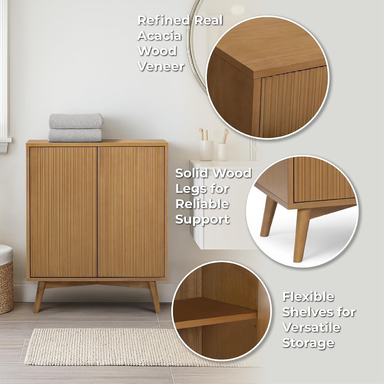 Teamson Home 28″ Wide Fluted Accent Cabinet with 2 Doors & Adjustable Shelves, Push-Open Doors & Contemporary Design with Solid Wood Legs for Bathroom, Hallways and Entryways in Natural Tone | Solid Wood, Contemporary Fluted Fronts