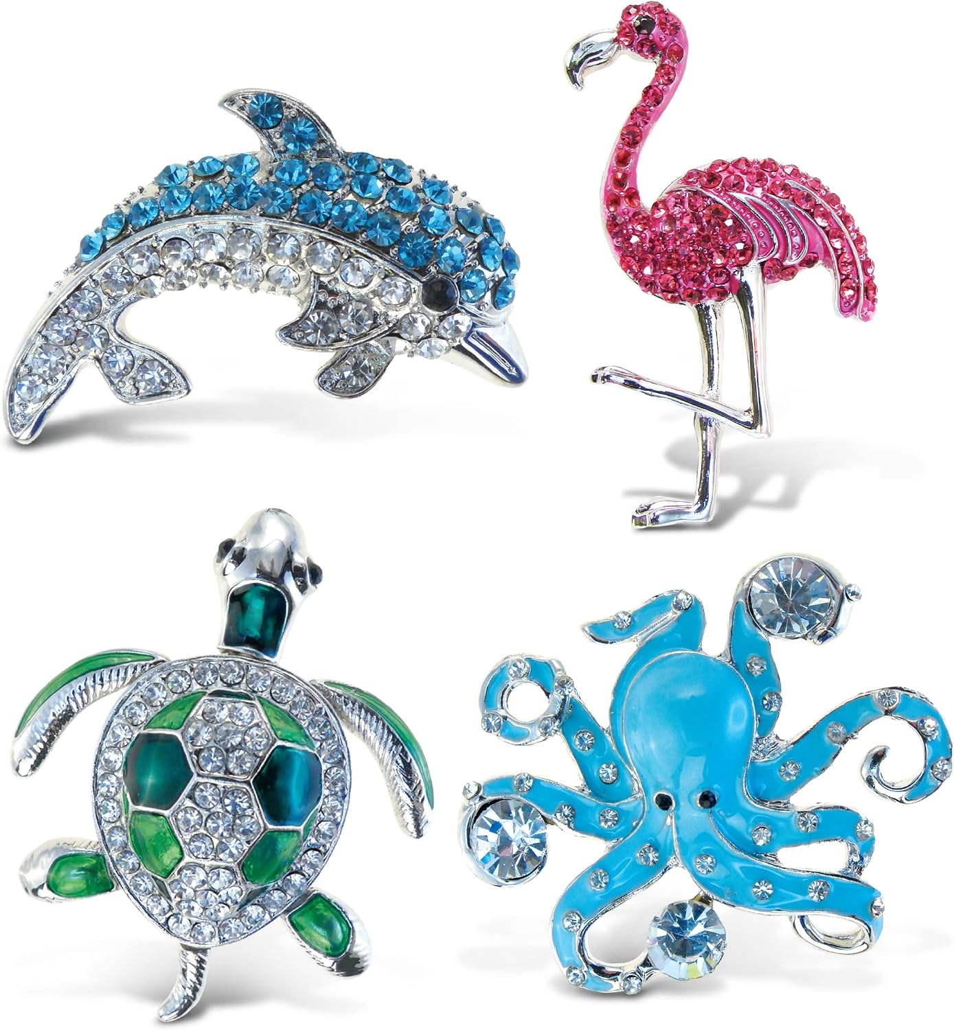 Beach Sparkling Refrigerator Magnet Set – Silver Dolphin, Flamingo, Sea Turtle, Octopus Magnets, Sparkly Animal Rhinestone Magnets for Door Fridge, Home Office Novelty Decor - Set of 4