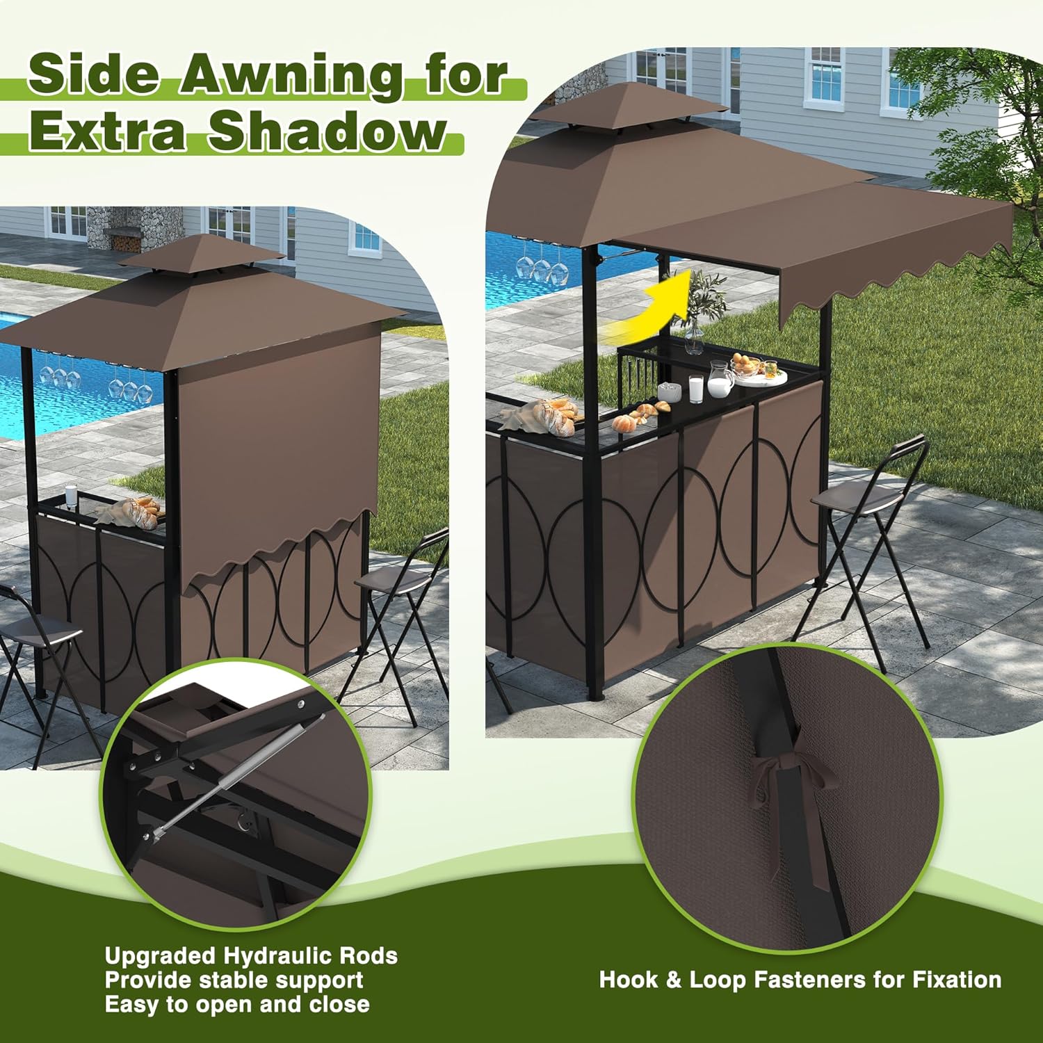 TITIMO 3-Piece Outdoor Bar Set, Grill Gazebo with Double-Tier Awning, 6.4'x 6.9' Outdoor BBQ Canopy with Bar Table, 2 Foldable Chairs, Storage Shelves and Glass Holders for Patio Poolside Garden