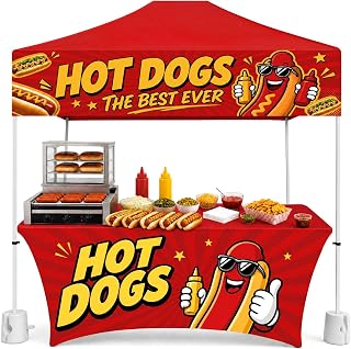 6 ft Hot Dog Tablecloth and 2 x 10 ft Hot Dogs Sign Banner | Stretch Spandex Hot Dog Table Cover, Hot Dog Accessories, Hotdog Stand Supplies, Concession Carnival Party Decorations