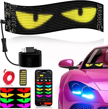 لافتة سيارة LED، ضوء عيون الشيطان للزجاج الأمامي Ojos Led Para Carro لافتة متحركة قابلة للبرمجة للسيارة، تطبيق بلوتوث للإضاءة المرنة المخصصة ولافتات عرض ساطعة للتحكم عن بعد 15 x 4