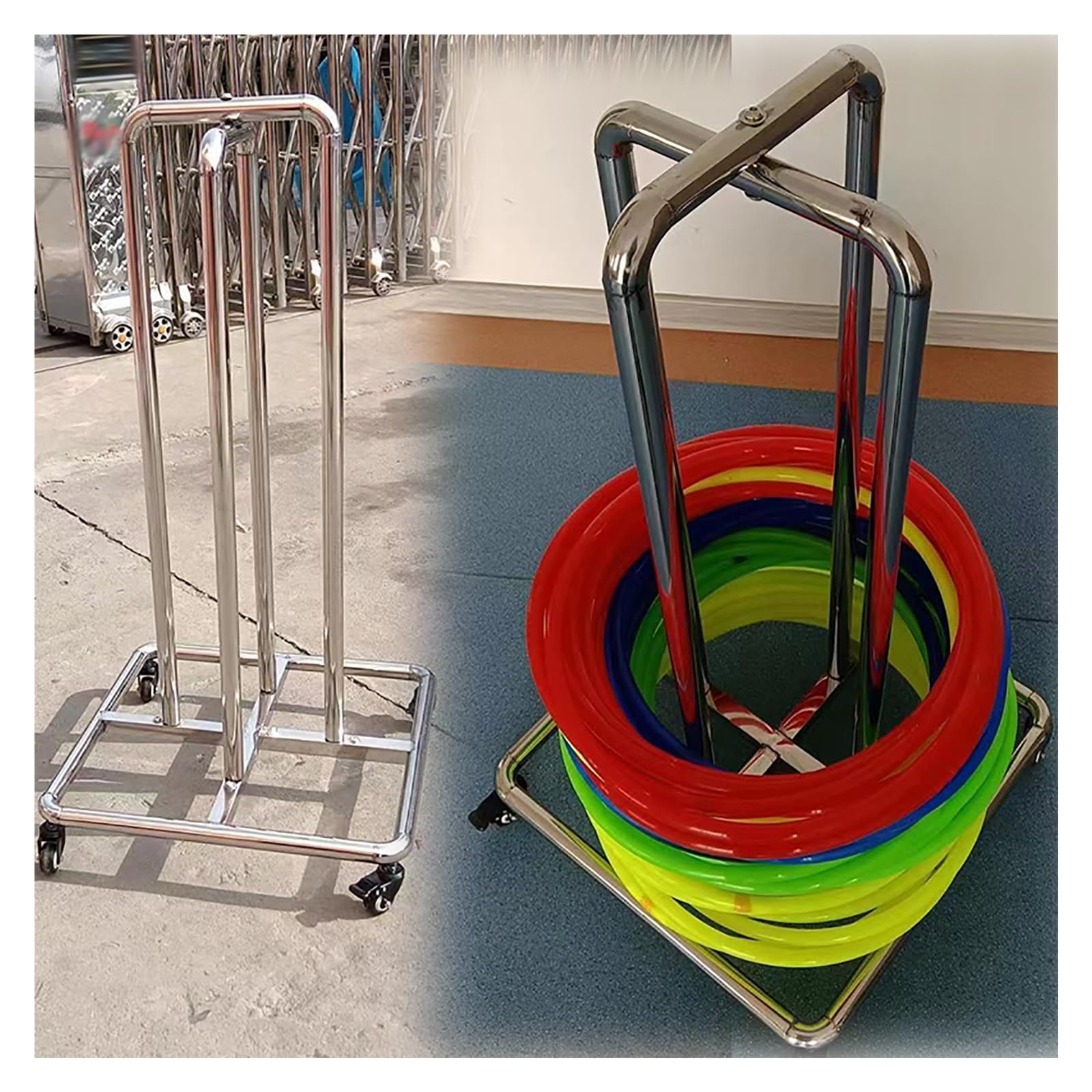 Supporto per Hula Hoop Supporto per giocattoli in acciaio inossidabile, supporto per hula hoop con ruote, supporto portatile per anelli da ginnastica per interni ed esterni