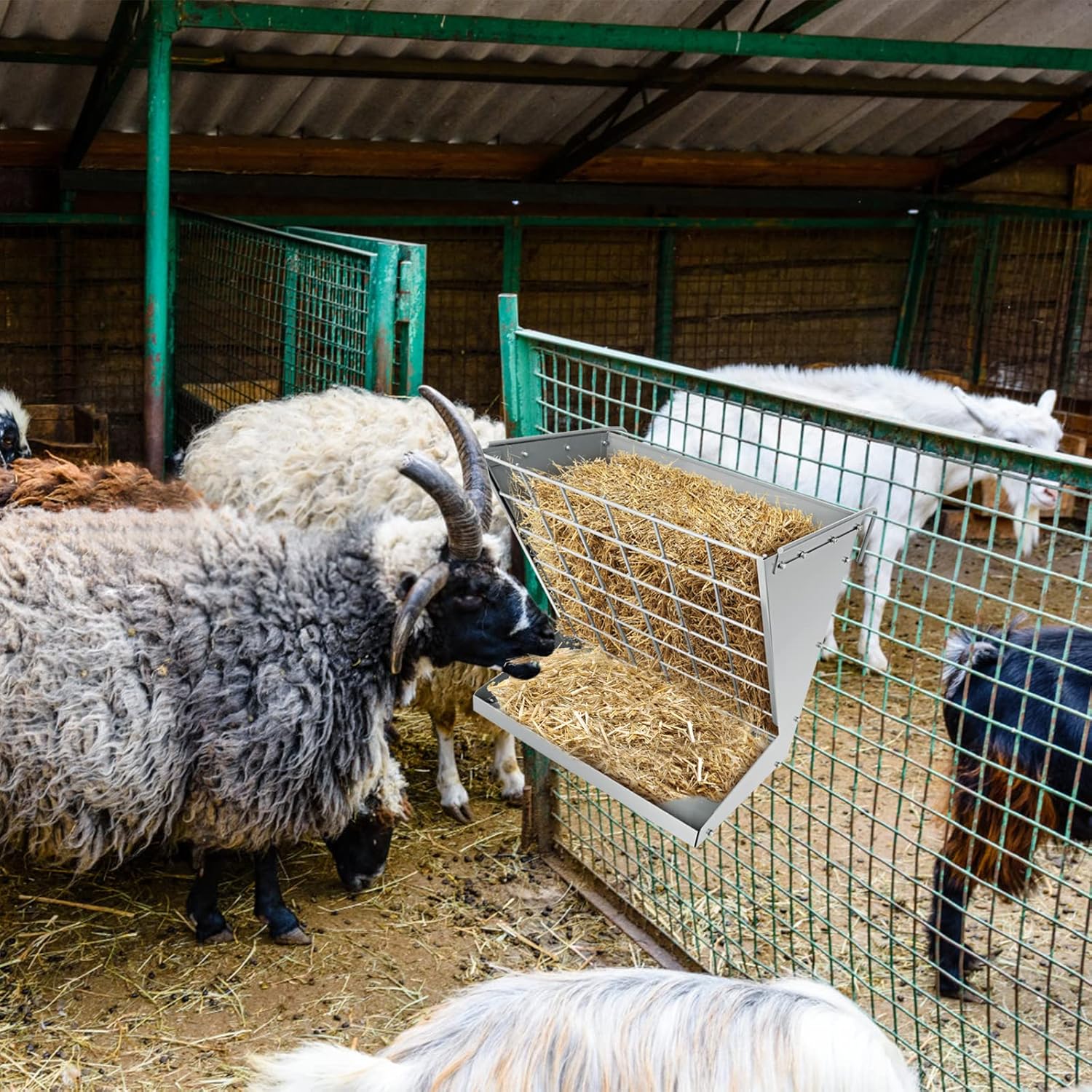 Wall Mount Hay Rack, Heavy-Duty Galvanized Metal 2 in 1 Hay and Grain Feeder, Livestock Feeder with Adjustable Distance, Hay Feeder for Goats, Sheep, Horse