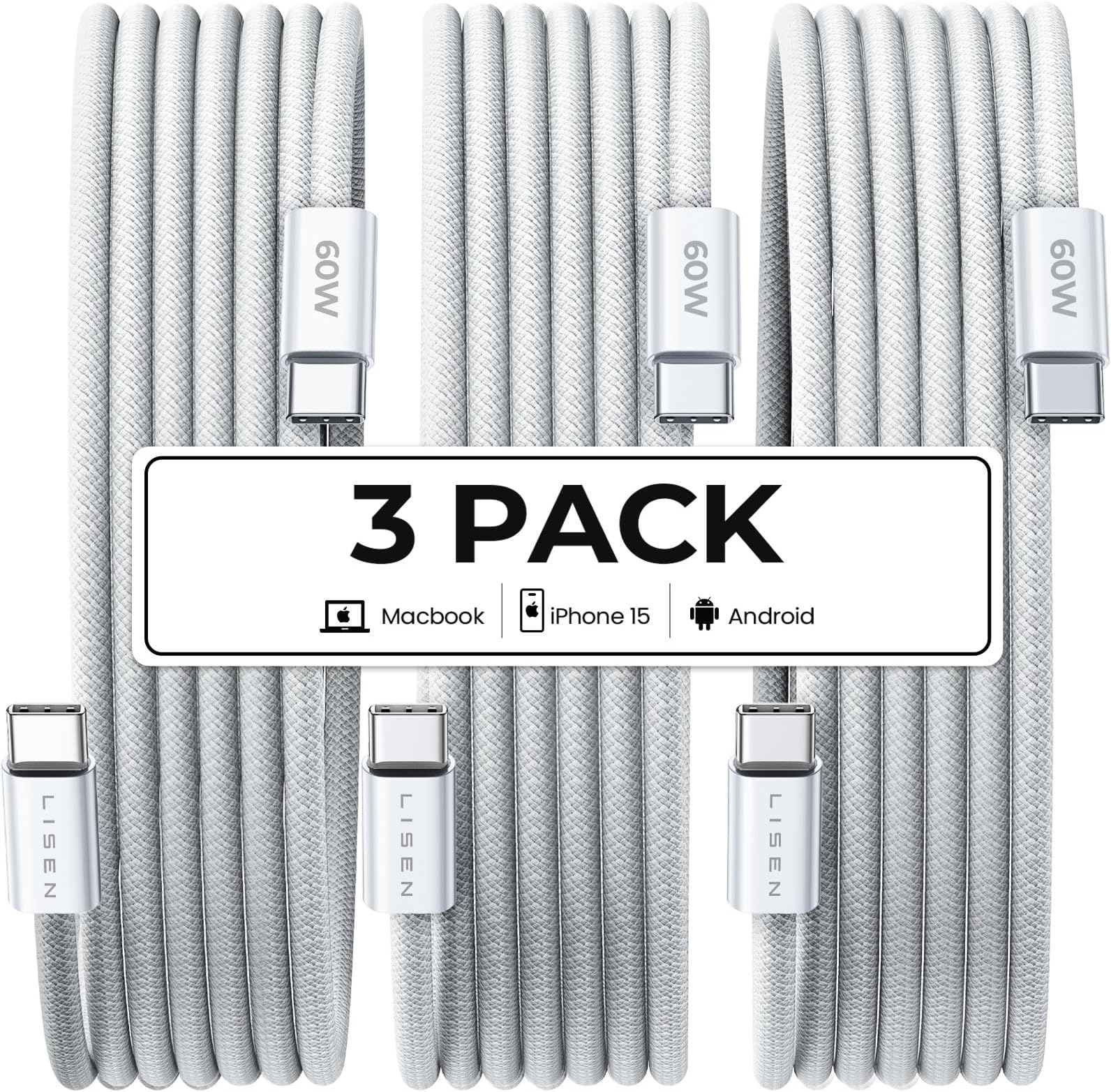 LISEN for iPhone 16 15 USB C to USB C Fast Charging, 60W USB C Cable Type C Fast Charging Cable for iPhone 16 15,Samsung Galaxy S25 Ultra Plus S24 S23 iPad Pro 13 12.9inch, iPad Air 5,White 3Pack 6FT