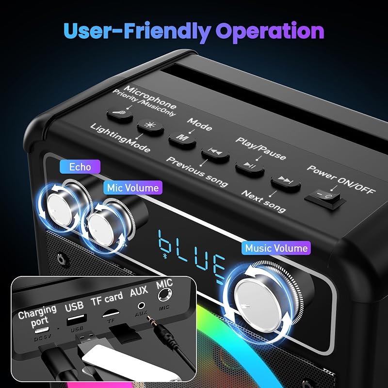 Ankuka Hordozható Karaoke Gép 2 Vezeték Nélküli Mikrofonnal, 15W Bluetooth Hangszóró LED Fényeffektussal