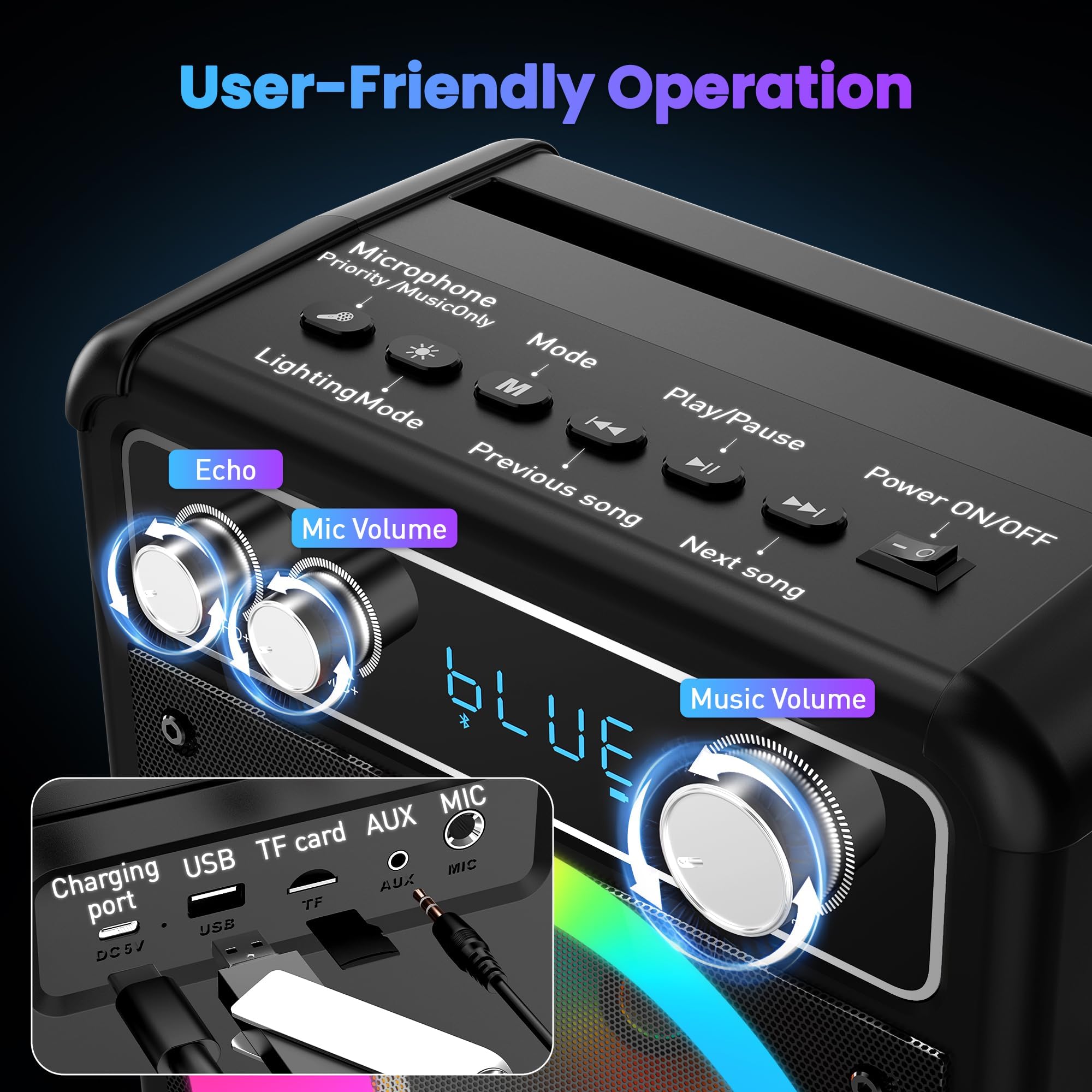 Tragbare Karaoke Maschine mit 2 Drahtlosen Mikrofone, Ankuka 15W Bluetooth Lautsprecher Box für Erwachsene/Kinder mit LED Lichteffekte, Unterstützt TF/USB, FM, Rec, AUX in, TWS für Party, Geburtstag