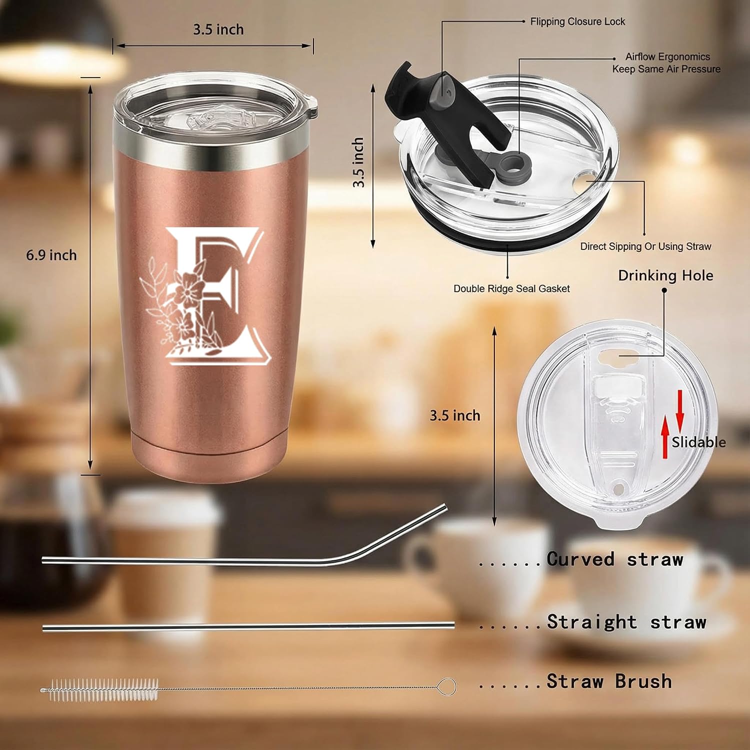 Letter E Insulated Travel Cup with Lid, Personalized Initial Mugs for Women, Letter E Gift Coffee Mugs for Women, Wife, Mom, Grandma, Bridal Shower Gifts, 20 OZ Rose Gold Two Lids image 5