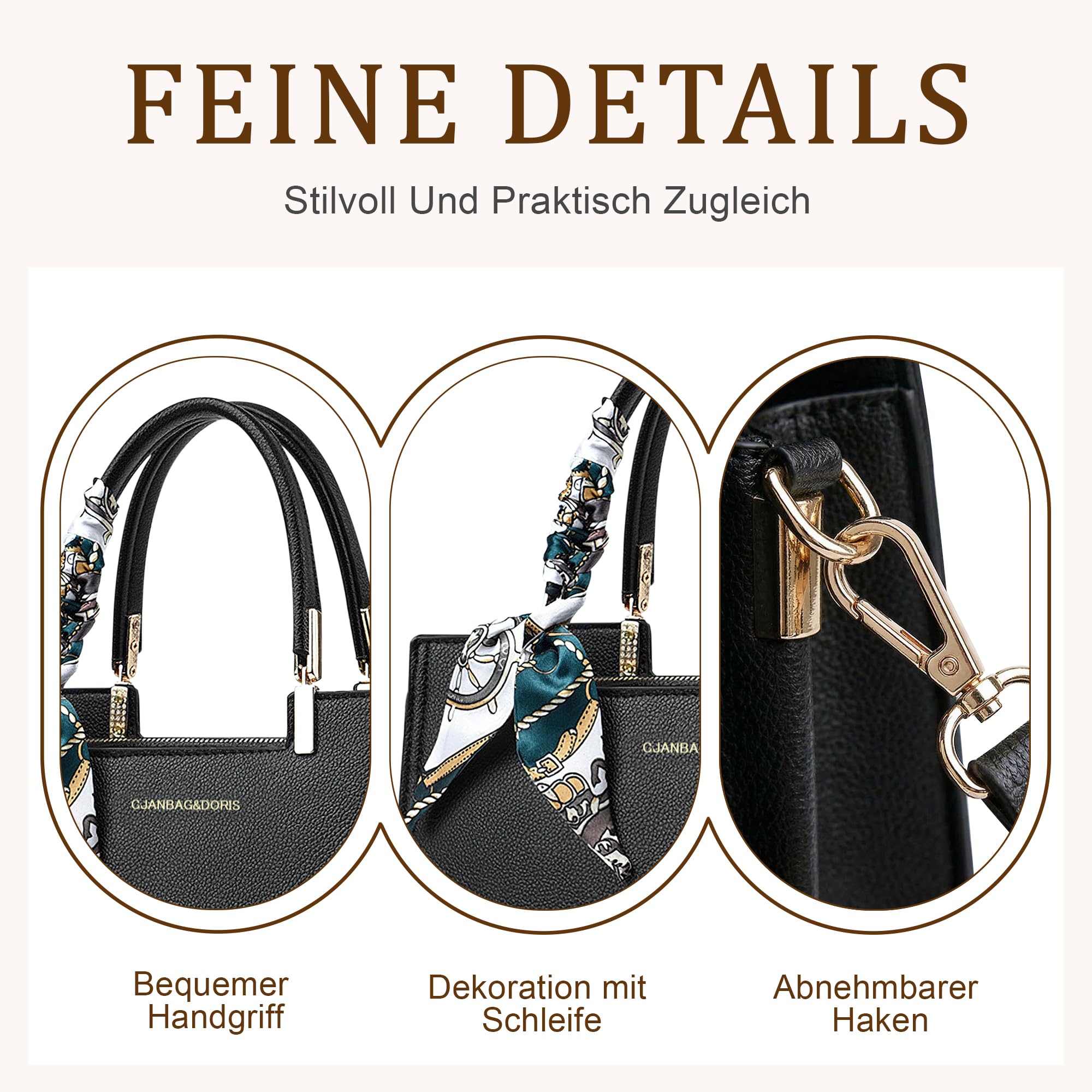 Damen Handtasche Elegant, Henkeltasche Mittelgroß PU Leder Taschen für Damen, Umhängetasche mit Dekorativem Band für Arbeit und Alltag Schwarz