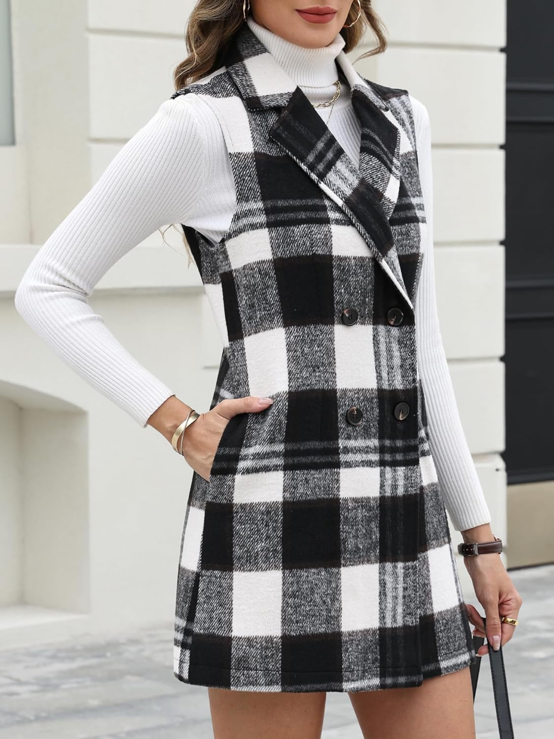 ELLEVEN Women's Tweed Plaid Long Vest, Lapel Slim Fit Sleeveless Flannel Blazer Jacket with Pockets