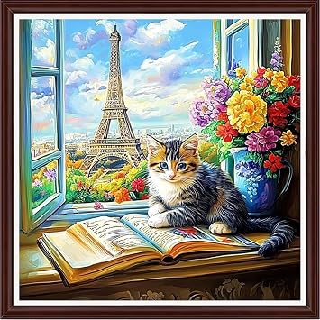 Dimxvean Counted Cross Stitch Kits for Adults,11CT Unprinted Cross-Stitch Pattern Embroidery Kit Cross Stitching Kit Supplies Needleworks Set-Window sill cat Tower 18x18 inch